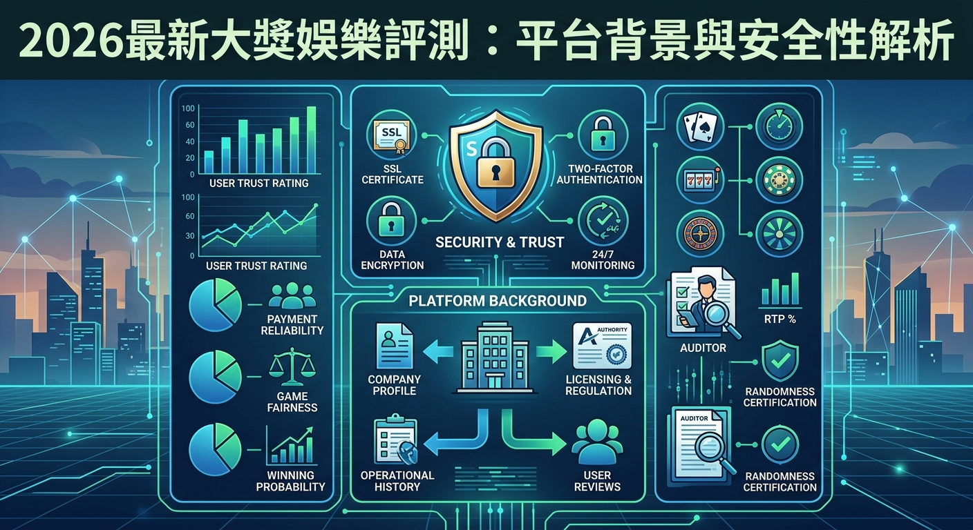 這張圖片採用現代數位科技風格的資訊圖表設計,背景為深藍色城市剪影與光纖網絡圖騰。 畫面中央清晰展示「2026最新大獎娛樂評測:平台背景與安全性解析」標題,並結合數據圖表、安全盾牌及鎖頭圖示來凸顯主題。