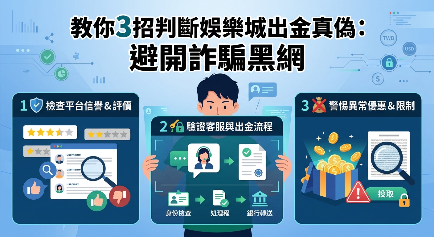 這張圖表說明了判斷線上娛樂城出金真偽與避開詐騙黑網的 3 個關鍵方法。 內容涵蓋平台信譽評價、客服與出金流程驗證,以及對異常優惠和提款限制的警惕。