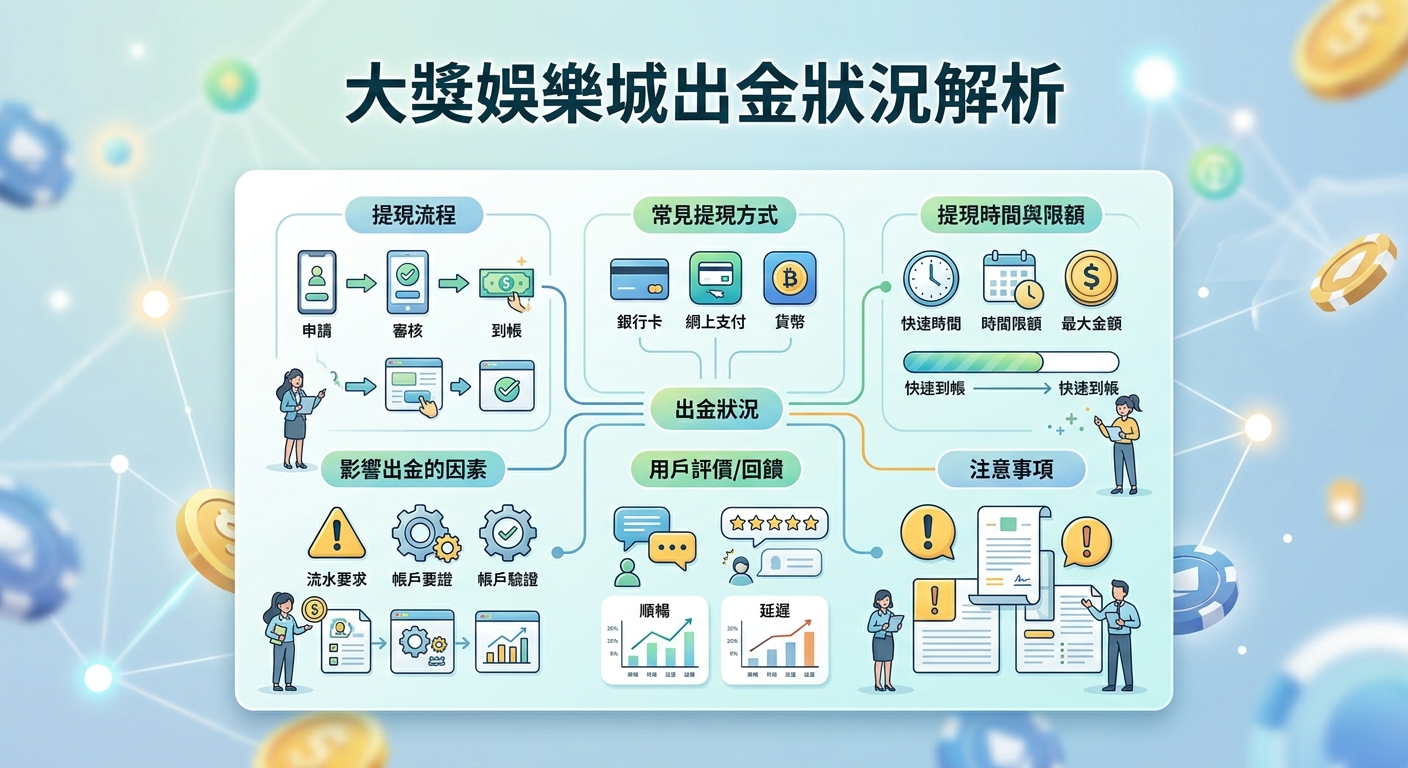 這張圖表是以淡藍色為基底的「大獎娛樂城出金狀況解析」資訊圖,呈現提現流程、常見提現方式與到帳時間等要素。圖中搭配清晰的圖示、數據圖表與流向圖,協助使用者快速理解出金相關的各項細節與注意事項。