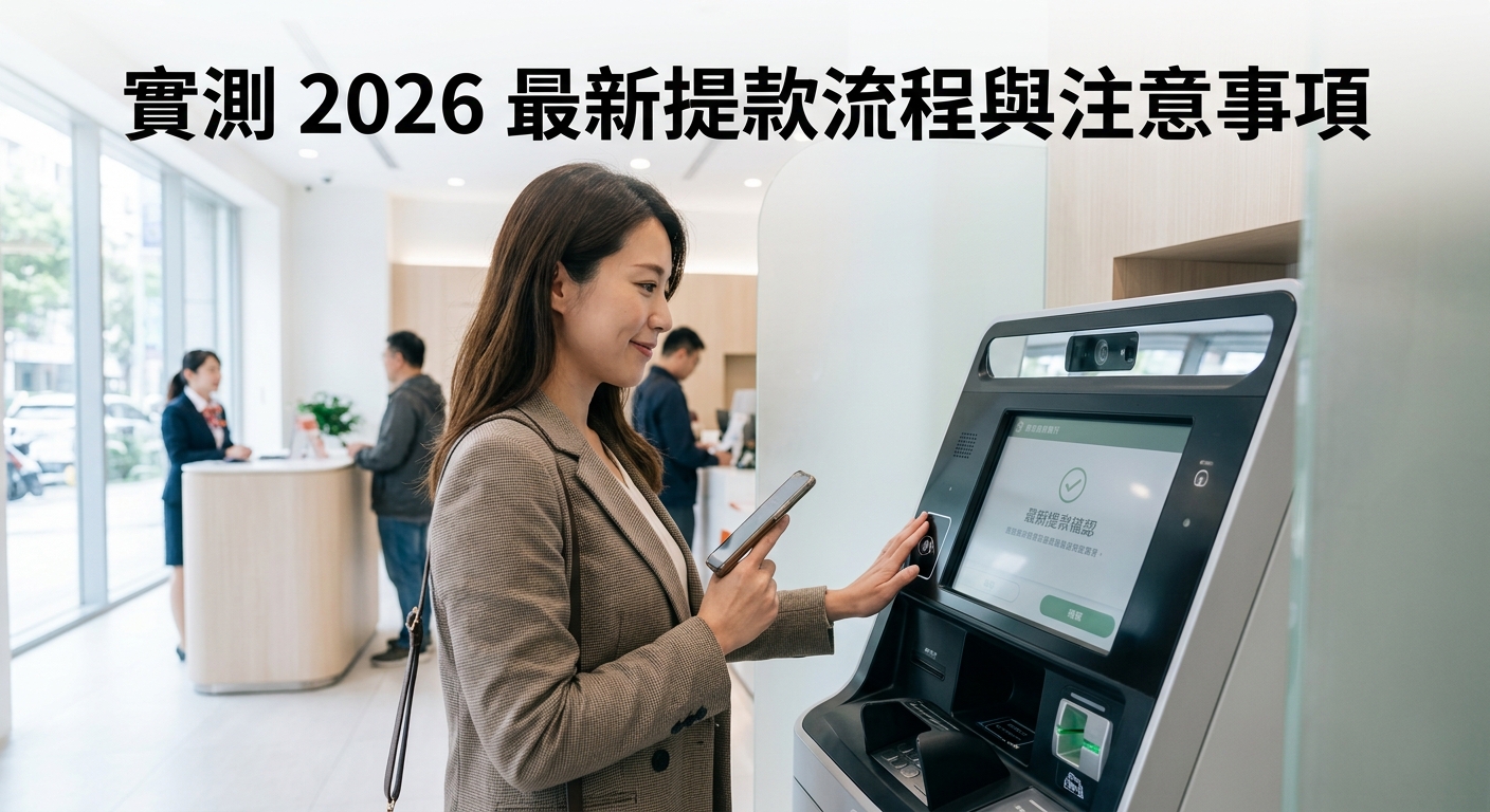 一張展示個人在現代化銀行使用智慧提款機進行提款操作的實景照片,整體風格簡潔且具科技感。 畫面上方標有清晰的繁體中文標題「實測 2026 最新提款流程與注意事項」,適合用於金融流程說明的視覺封面。